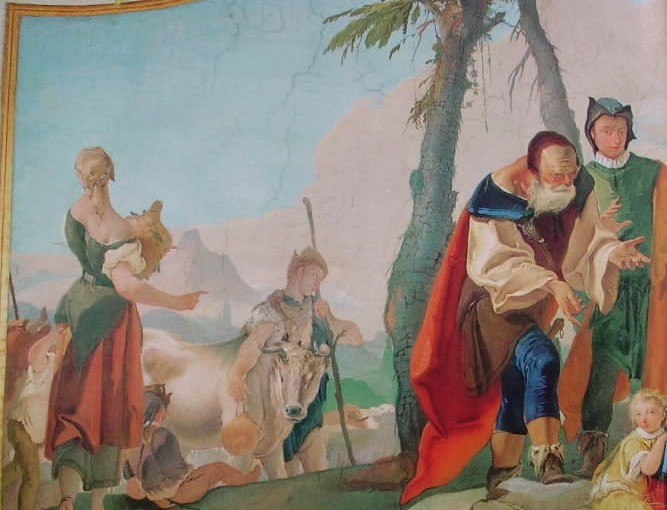 Giambattista Tiepolo: Affreschi dell'Arcivescovado di Udine, 1726-28, palazzo Dolfin, l'odierno Arcivescovado di Udine. Particolare sinistro di "Rachele nasconde gli idoli". (assieme di cm. 400 x 500).